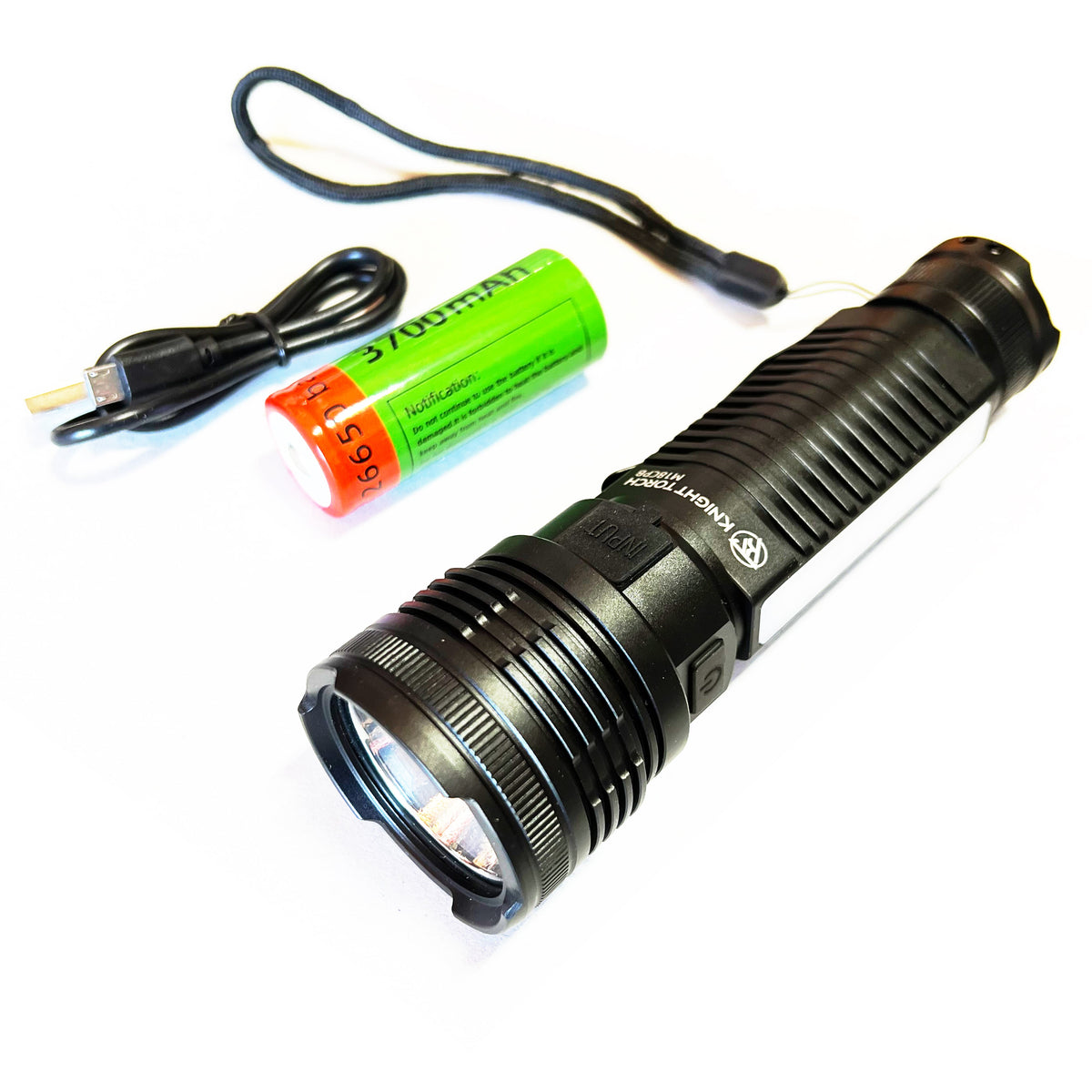 Knight Torch M18CPB High Output Rechargeable Weatherproof Flashlight with COB light and Red Safety Strobe